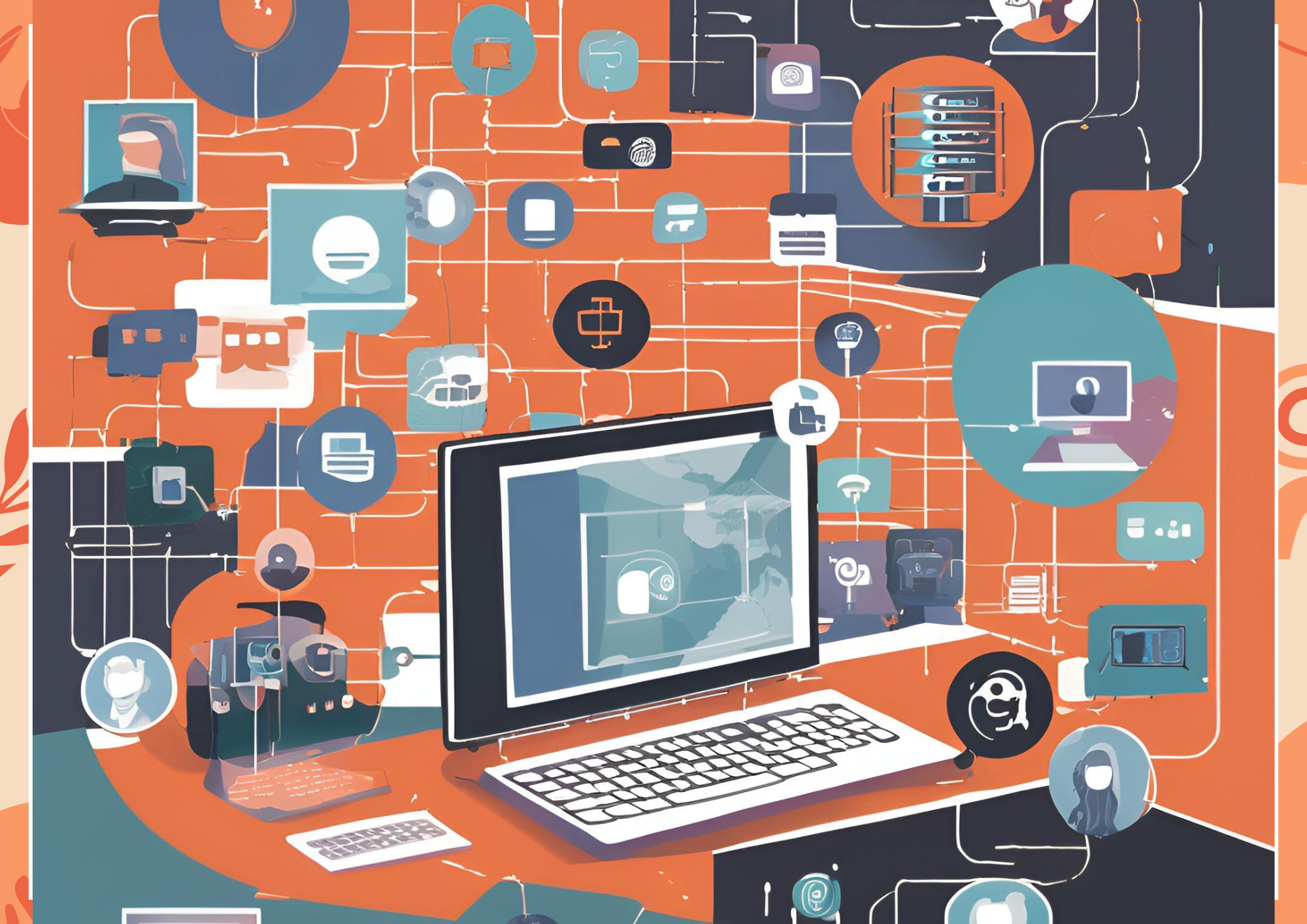 Infographic showing a slideshow screen, presentation slides, and MS PowerPoint logo with neon orange highlights on a dark background
